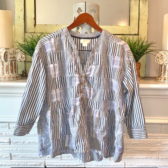 Anthropologie Maeve Blue Striped Patchwork Button Down 3/4 Top Small High Lo - Picture 2 of 9
